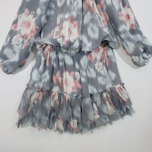 Rebecca Taylor Silk Floral Ruffle Hem Dress Gray Pink Tie Waist Long Sleeve 100% - Picture 10 of 15